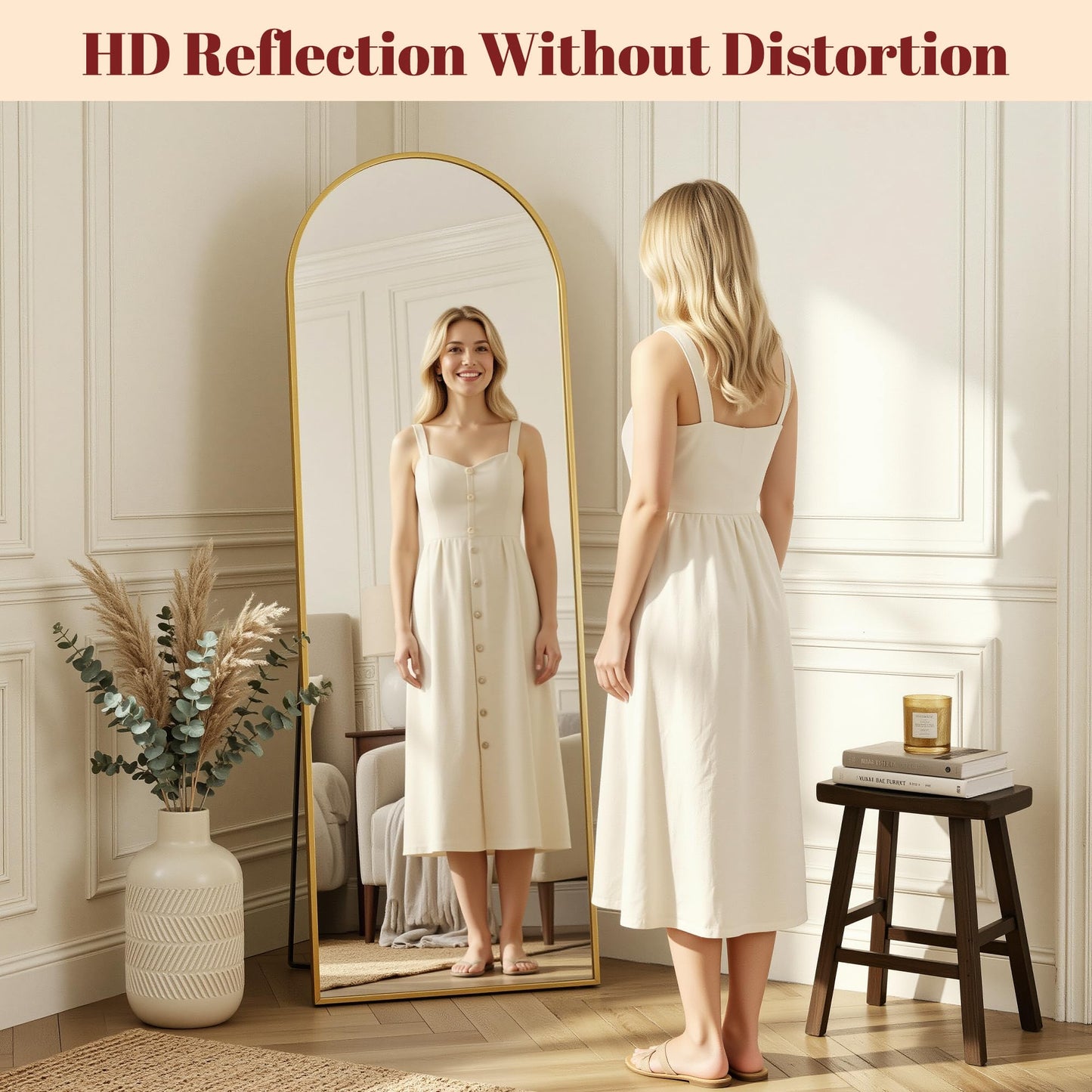 Suidia 76"x44" Arched Full Length Mirror with Stand, Full Body Mirror with Aluminum Frame, Freestanding/Leaning/Wall-Mounted, Floor Mirrors for Bedroom, Living Room, Entryway, Dressing Room, Gold
