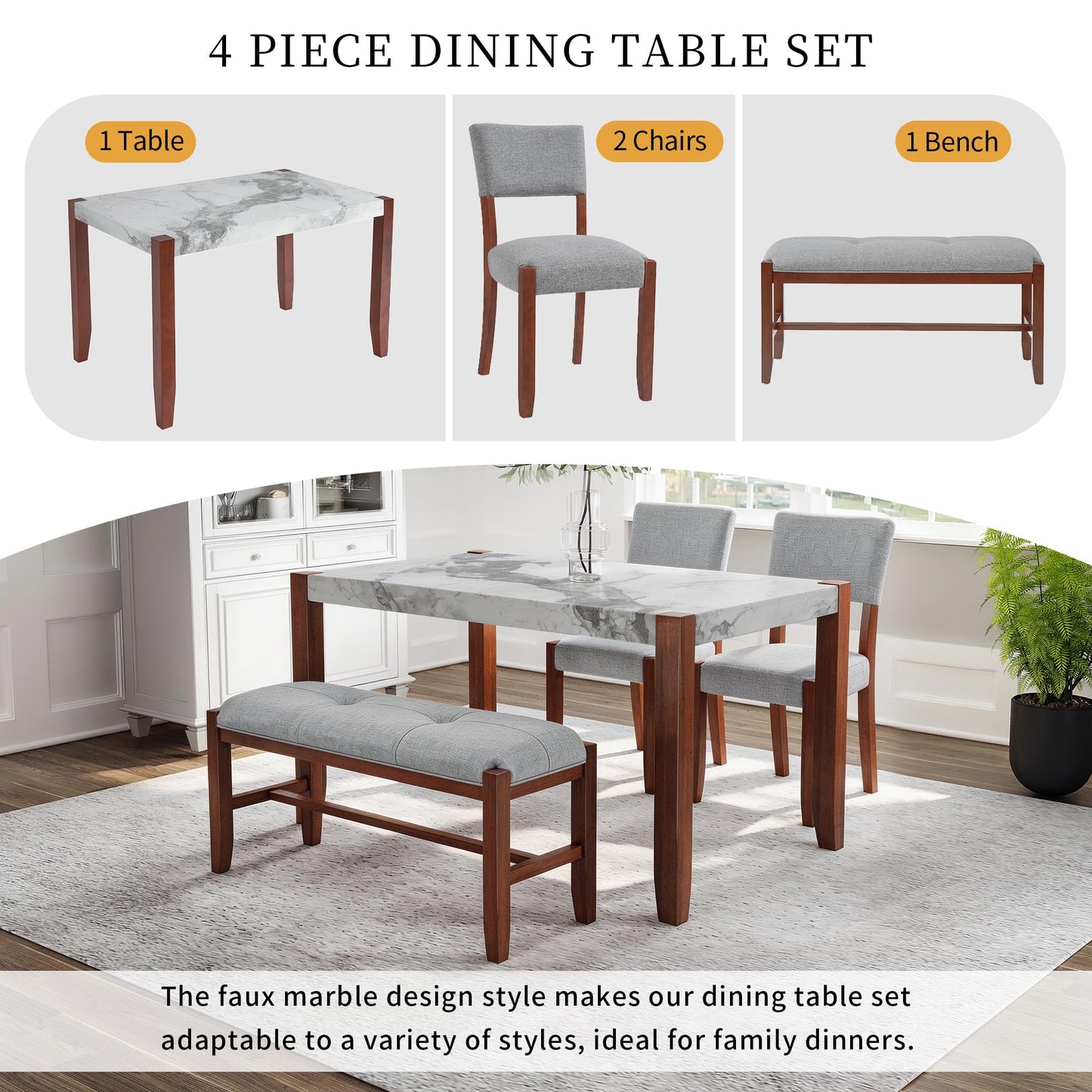 GDFStudio 4 Piece Faux Marble Dining Set with Bench, 46.6" Kitchen Table with 2 Upholstered Chairs, Rubber Wood Legs, Modern Space Saving Furniture for Dining Room, Gray