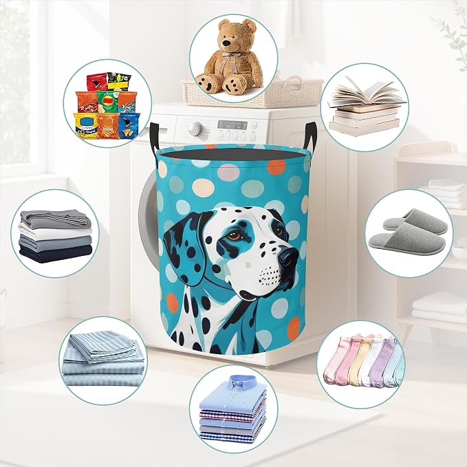 Dalmatian Dog Laundry Basket With Handles Tote Bag Oxford Cloth Funny Laundry Hamper Clothes Storage Bucket Toy Organizer 16" X 20.8"For Bathroom/Laundry/Bedroom