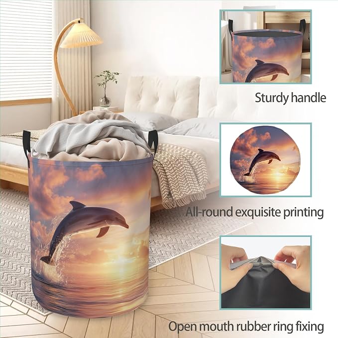 Laundry Hamper Foldable Oxford Cloth Dolphin Laundry Basket With Handle Portable Clothes Storage Organizer Basket Storage Bag For Laundry Room/Bedroom/Bathroom