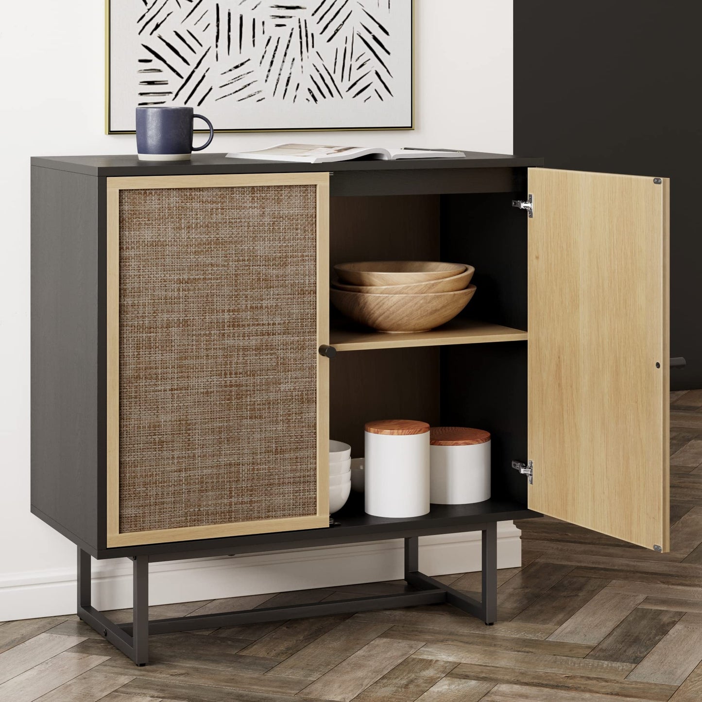 Nathan James Kova Rattan Wood Accent Sideboard Storage Cabinet TV Stand with Matte Metal Frame, Adjustable Shelves and Cane Doors, for Hallway, Entryway or Living Room, Black Oak/Cane, Set of 3