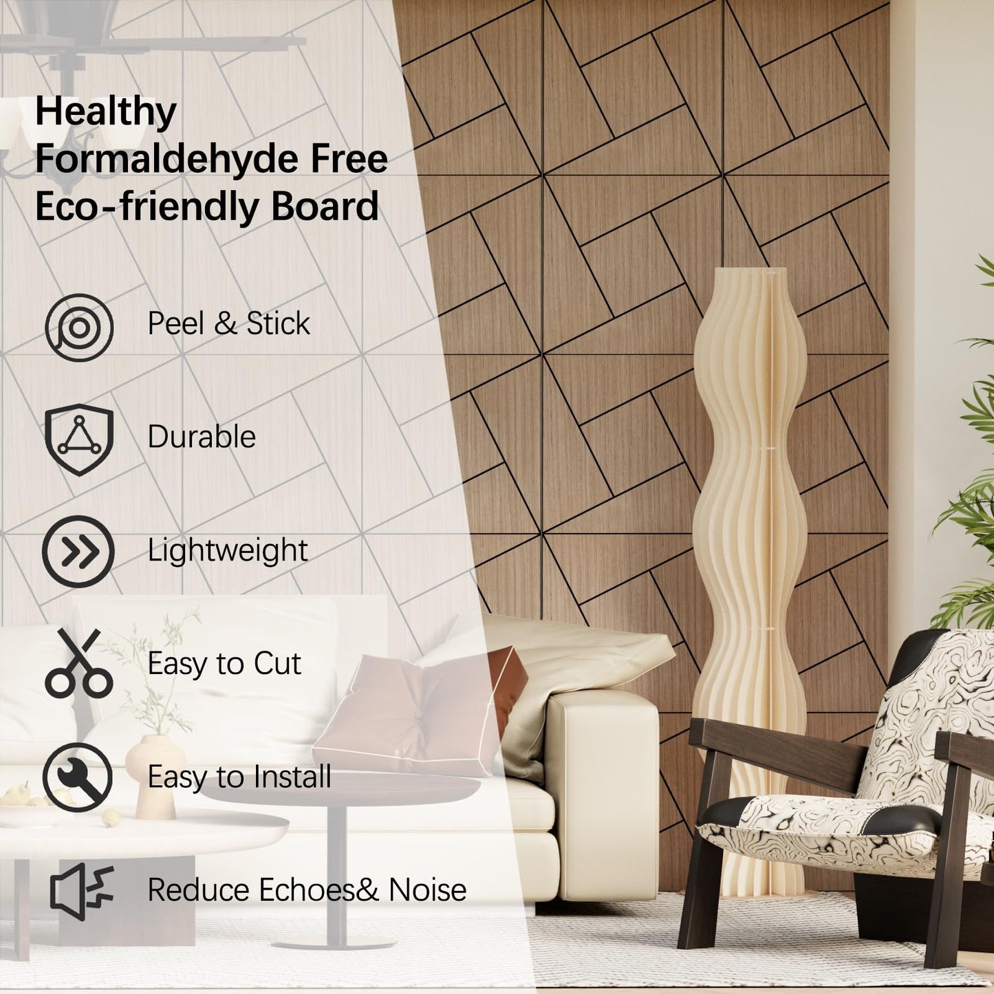 ARMURO 4 Packs Acoustic Wall Panels - Self-Adhesive 3D Wood Slat Wall Panel- Peel and Stick Sound Absorbing Panels for Noise Reducing - Feature Wall Decor for Home & Office