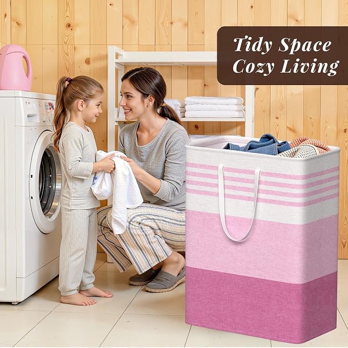 WOWBOX 2 Pack Laundry Baskets, Laundry Hampers, Freestanding Dirty Clothes Hampers with Reinforced Handles & Cross Stitch & Waterproof Coating, for Laundry Bedroom Bathroom Dorm,125L Pink