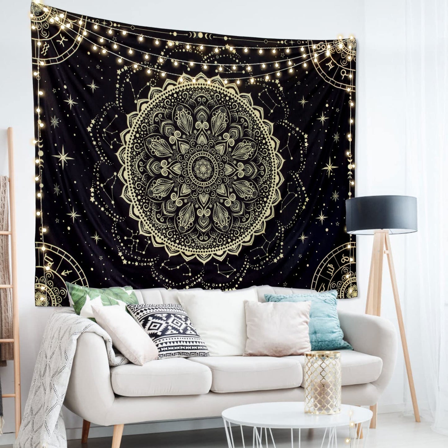FLY SPRAY Black Golden Mandala Tapestry Astrology Space Wall Hanging Tapestries Wall tapestrys Large Aesthetic Hippie Decor Bohemian Art Boho Home Talestry for Bedroom,Living Room,Ceiling