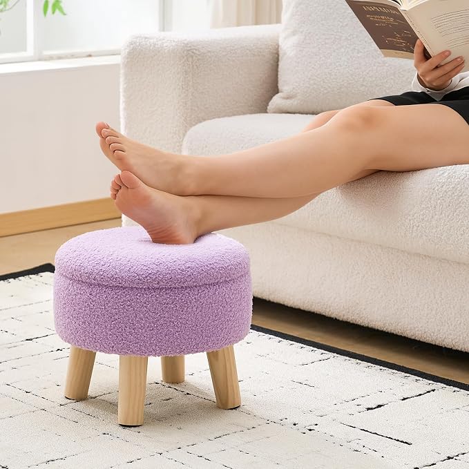 Wimarsbon Storage Ottoman, Modern Round Footrest with Soft Padded Seat, Teddy Velvet Footstool with Wood Legs, Accent Small Table or Plant Stand for Hallway, Living Room (Purple)