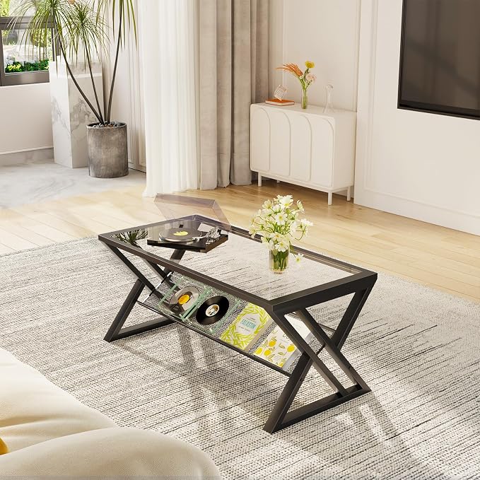 Wolawu Glass Coffee Table Living Room Table with Storage Shelf, Black Glass Table Simple Modern Rectangular Tables with Sturdy Black Metal Frame,Industrial Glass Coffee Table for Bedroom Home Office