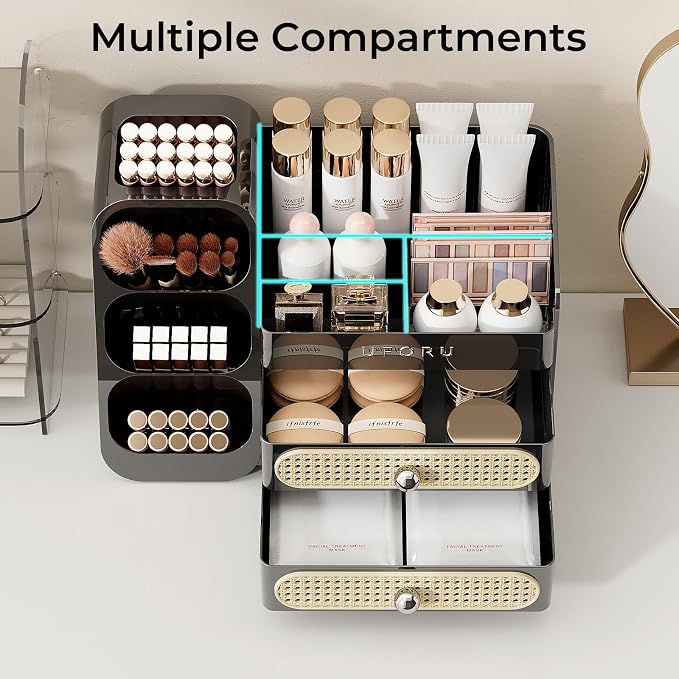 UFORU Makeup Organizer for Vanity with Brush Holder, Large Capacity Bathroom Countertop Skincare Organizer with 2 Drawers, Cosmetic Display Case for Perfumes, Eyeshadow Palettes, Nail Polishes