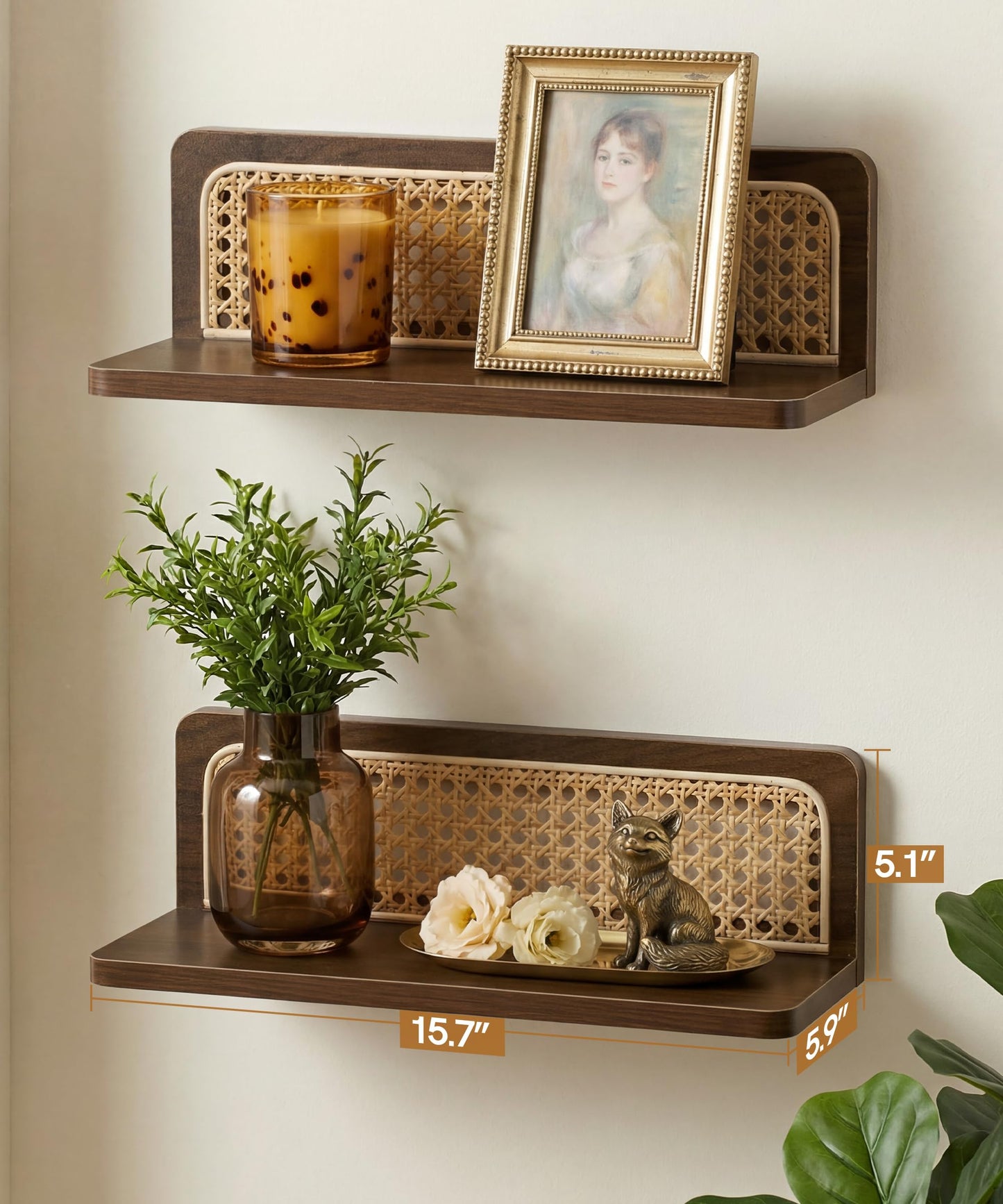 Mazjoaru Rattan Wall Shelf Mid Century Modern Decor Floating Shelves Walnut Boho Wall Decor Decorative Shelving Home Decor Living Room Bedroom Coffee Bar Bathroom Plant Photo 16inch