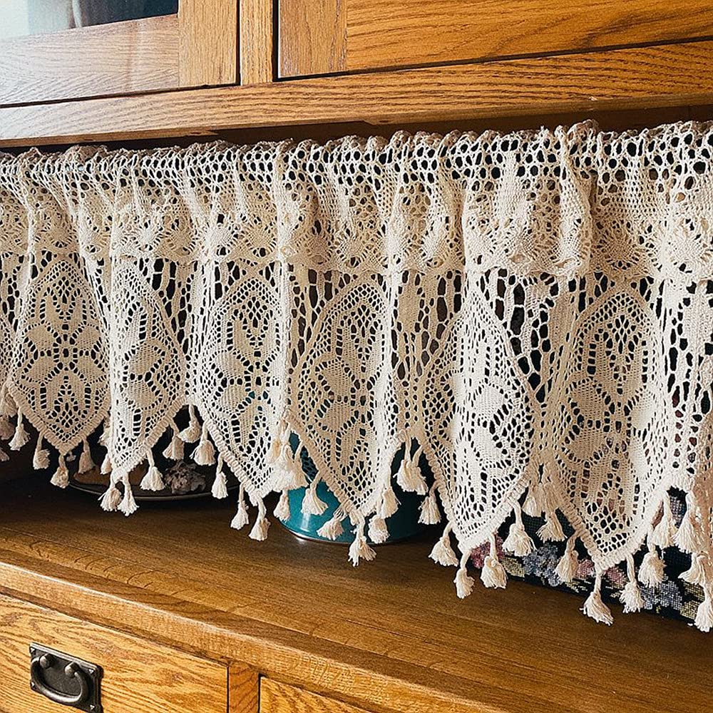 Yunsurey Retro Crochet Curtain Valance for Kitchen Window Boho Curtain Tiers for Coffee Decor Rod Pocket Farmhouse Short Curtains for Room Divider 1 Panel Knitting Doorway Curtain W35 X L15 Inch