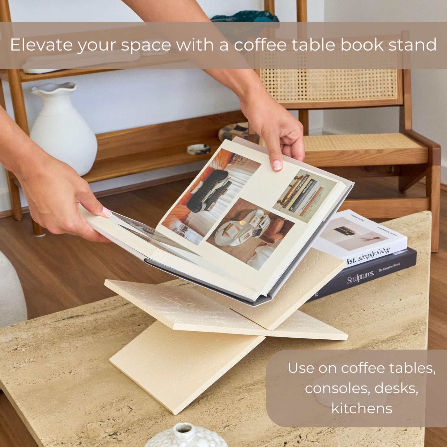 Moncur Home Faux Travertine Stone Finish Resin Book Holder for Recipe Book Display Stand, Coffee Table Books, 2 Pieces Slot Together, Neutral Beige Coffee Table Decor for Large Books