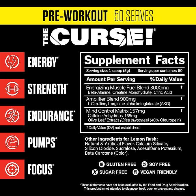 JNX SPORTS The Curse! Pre Workout Powder for Men & Women, Caffeine, Beta-Alanine, Creatine, L-Citrulline, 50 Servings, Lemon Rush Flavor ??Boost Energy, Strength & Focus
