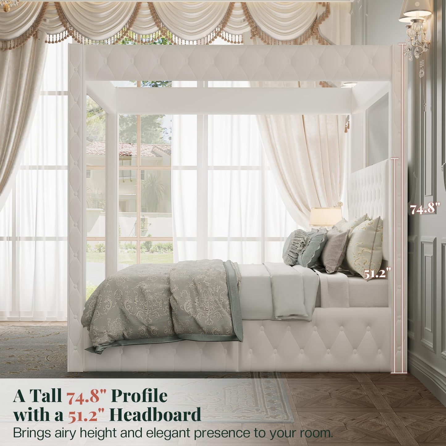 Jocisland Upholstered Canopy Bed Frame Queen Size with 74.8" Tall Four Poster and Velvet Deep-Tufted Tall Headboard with Charging Station/Modern Luxury Style/No Box Spring Needed/Cream