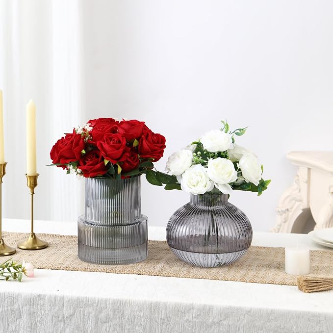 Ribbed Glass Vases, Set of 2 Fluted Vases for Flowers, Black Glass Vase for Tulips, Modern Vase for Living Room, Kitchen, Office, Entryway, Mantle, Bookshelf, Wedding Gifts, Birthday