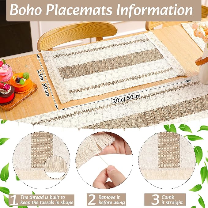 6 Sets Boho Decoration Placemats Round Woven Placemats, Cloth Napkins, Wood Bead Napkin Rings, Long Table Runner and Farmhouse Burlap Cotton for Table Kitchen (Brown,12x72)