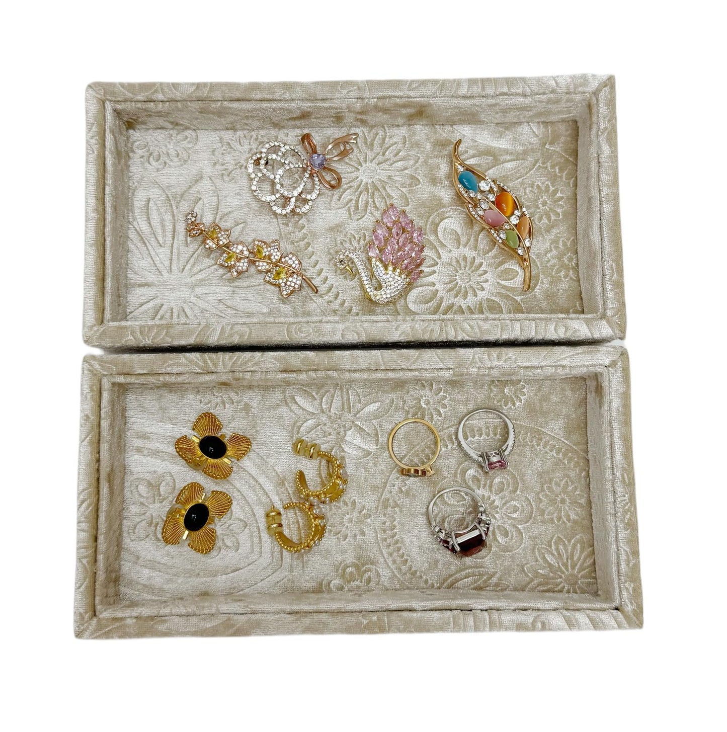 AgentMoon 2 Piece Set Sunglass or Jewelry Temporary Storage Tray. Stackable Velour Wrap Tray for Watch iPhone Earring etc. Bedside Makeup Accessories Organizer. 20 x 10 x 3cm. (Embossed Beige)