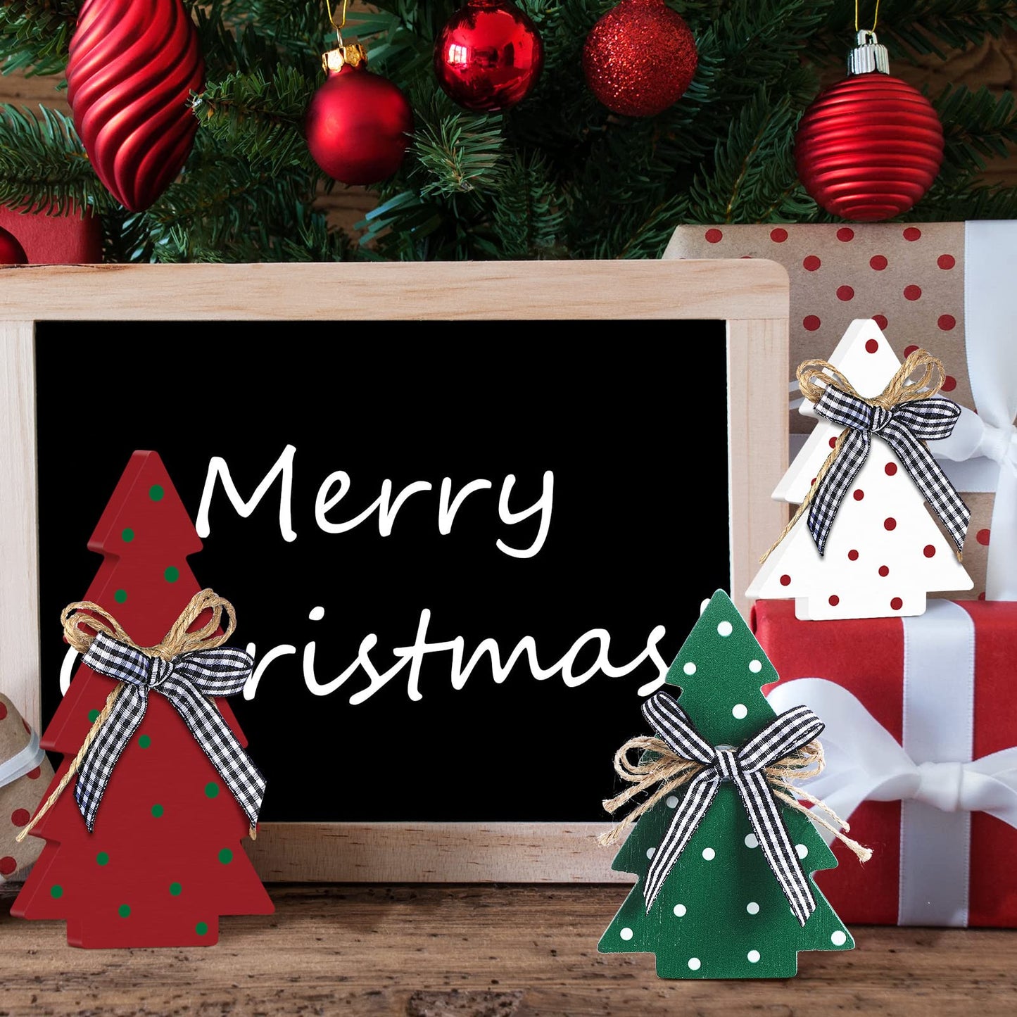 Yookeer Christmas Decor 3 Pieces Wood Table Rustic Christmas Tree Farmhouse Wooden Xmas Centerpiece for Small Table Xmas Trees Red Green Tiered Tray Party Decoration(Polka Dot Style)