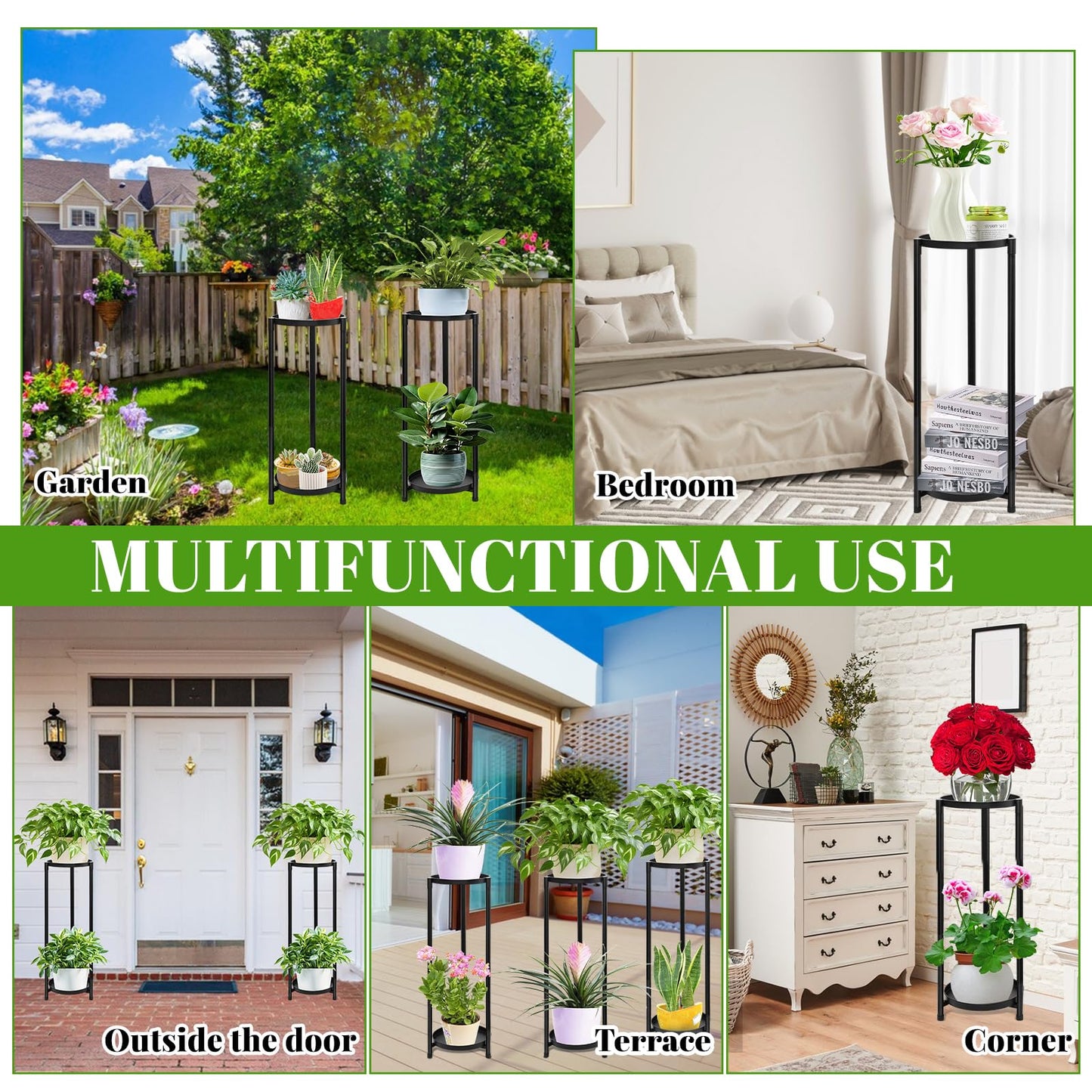 VeyFolzin.st 2 Tier Round Tall Metal Plant Stand indoor outdoor, Rustproof Round Planter Display Storage Rack, Heavy Duty Potted Holder for Home Garden Patio Bathroom Living Room(Black)