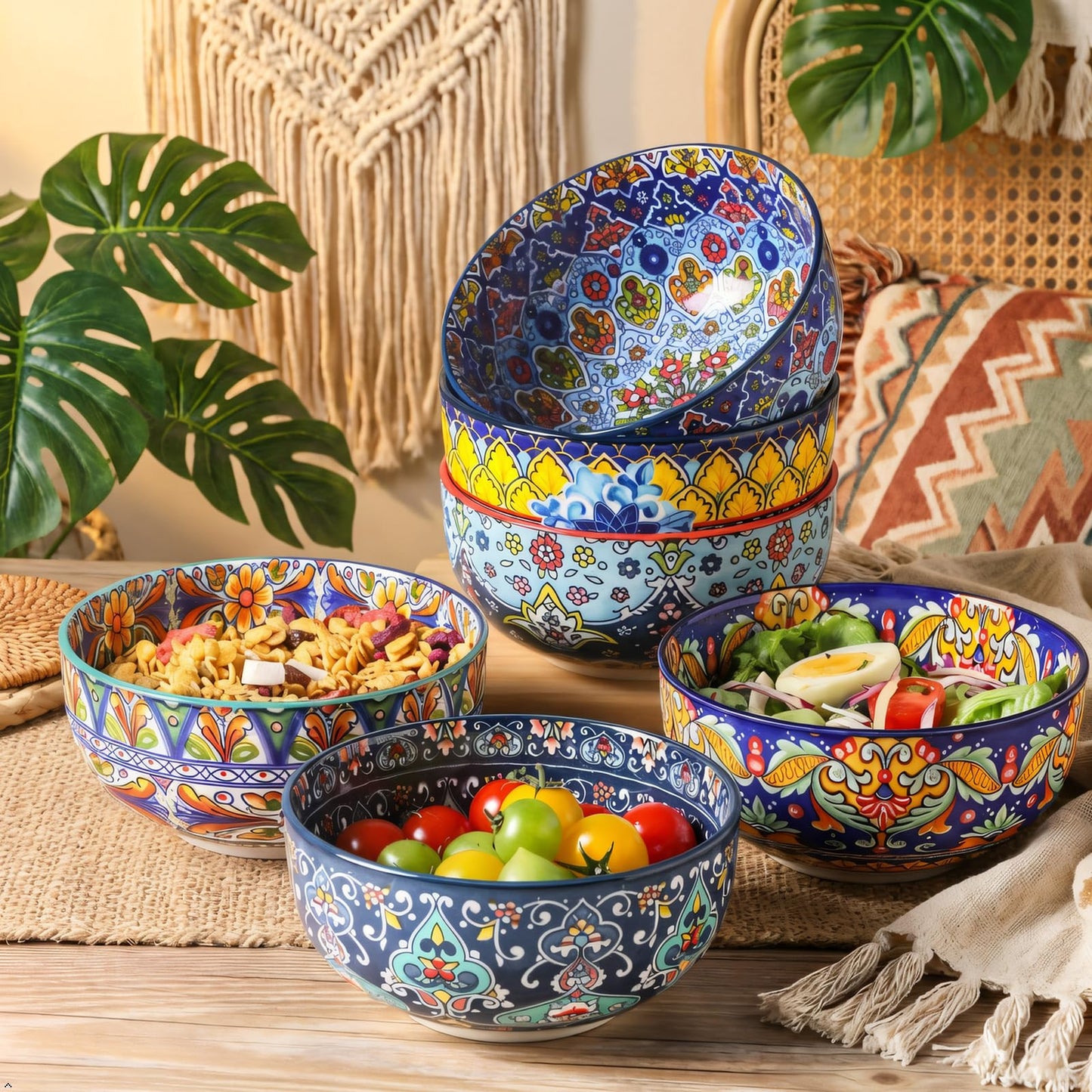 glowworm Cereal Bowls, 26 Oz Ceramic Soup Bowl Set of 6, Colorful Bowl for Kitchen Cooking, Ideal for Rice Oatmeal Fruit Ice Cream Dessert, Dishwasher & Microwave Safe, Bohemian