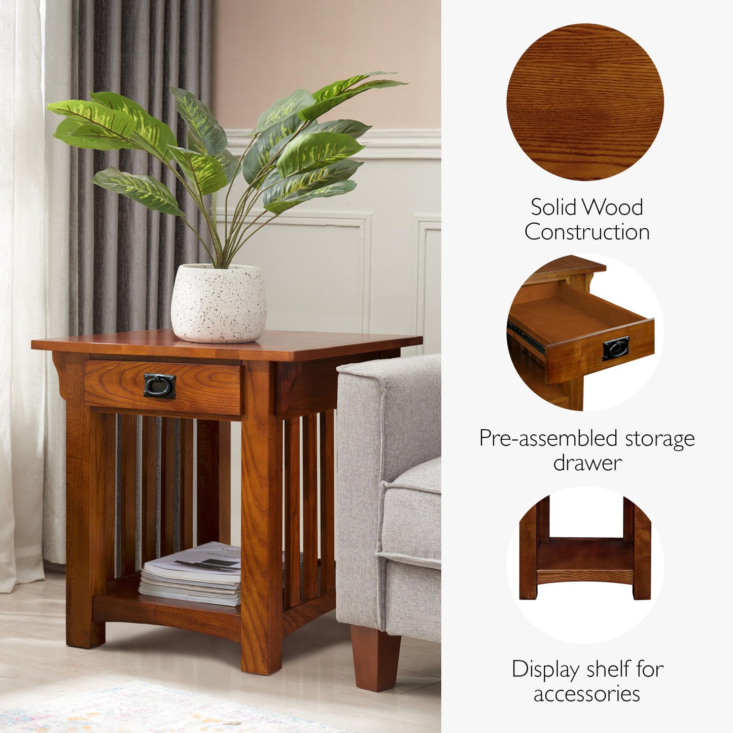 Leick Home Mission End Table, Solid Wood Construction, 1 Storage Drawer, Bottom Display Shelf, Slatted Sides, Easy-Assembly, Medium Oak, 25.0 in. W x 22.0 in. L x 23.0 In. H, 8207