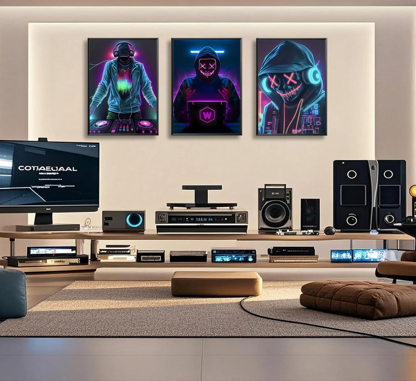 JWDXNOOK 3Pcs Cool Gaming Wall Art Neon Hooded Mask Character Pictures Posters Wall Decor Cyberpunk Canvas Paintings Prints for Teen Room Boy Bedroom Decoration Unframed