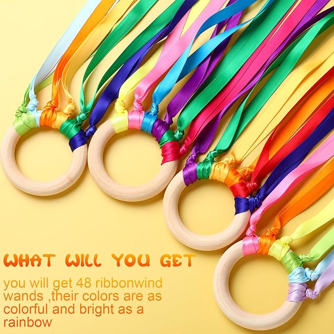 Junkin Ribbon Rings Hand Kite Waldorf Toys Dancing Wrist Ribbons Rainbow Streamers with Wood Ring Sensory Learning Educational Toy for Playroom Dancing Birthday Party Gift(24 Pcs)