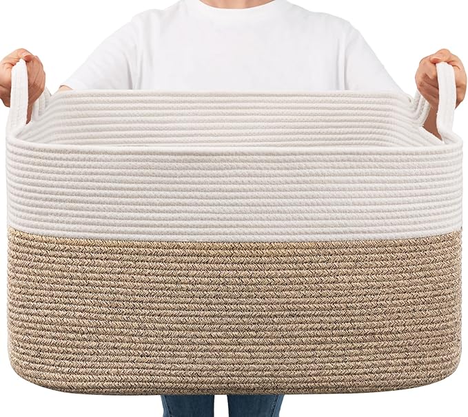 Goodpick Large Woven Blanket Basket, 21.6" x 14.9" x 11.8" Storage Baskets for Organizing, Rectangle Cotton Rope Toy Basket for Living Room, Bedroom, White & Brown