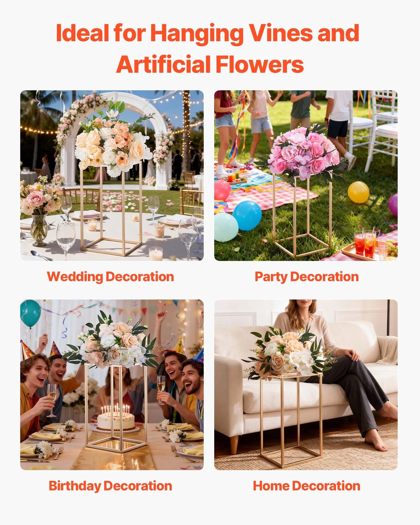 VEVOR Wedding Flower Stand, 10PCS 15.75-inch Column Flower Stand, Floral Stands with Acrylic Laminate, Rectangular Floral Display Rack for Wedding, Party, Birthday, Home, French Gold Centerpiece Stands