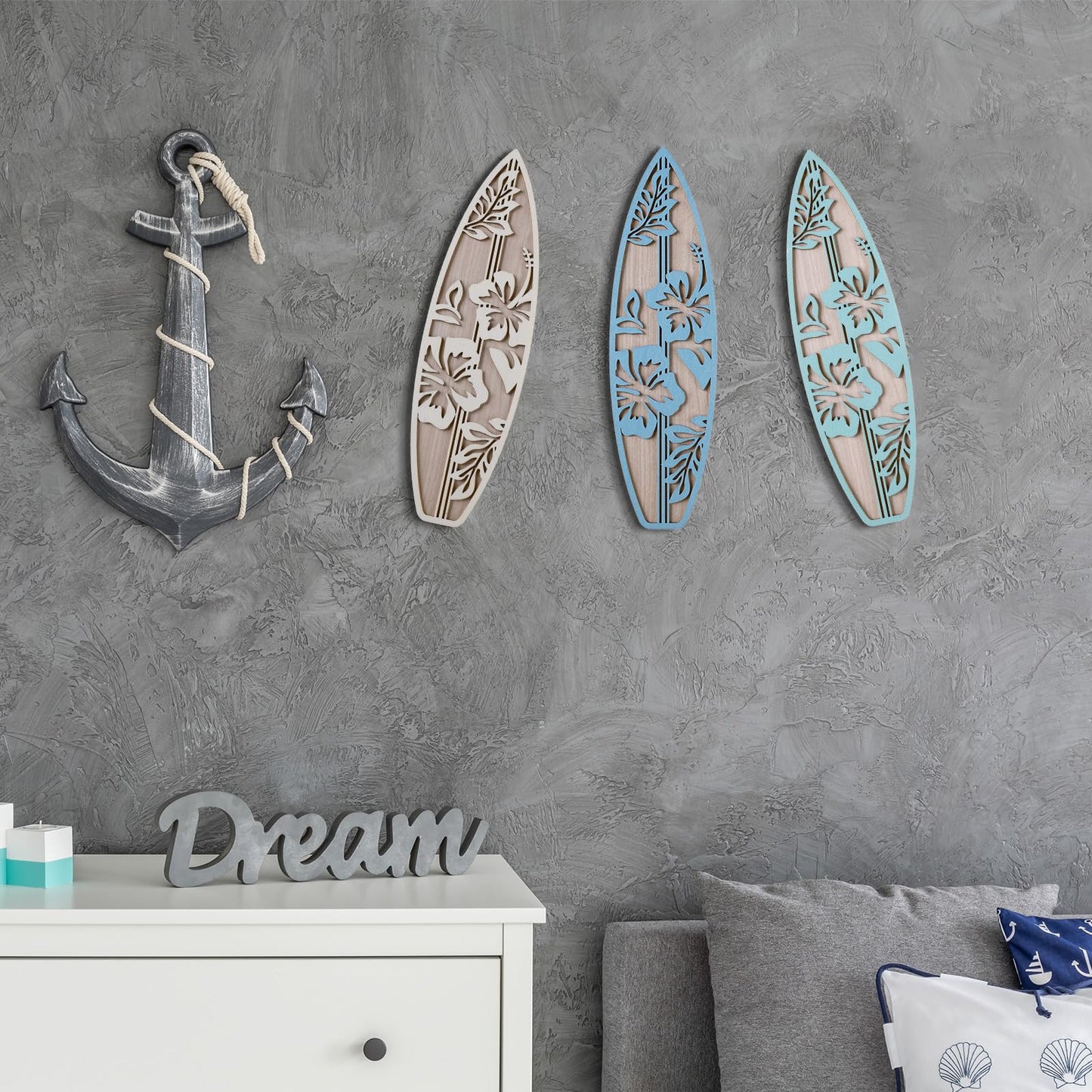 RattanView 3 Pieces Surfboard Decor for Bedroom Wooden Beach Wall Decor Summer Wood Surfboard Wall Hanging Sign for Tropical Living Room Decoration(Hibiscus,Blue)