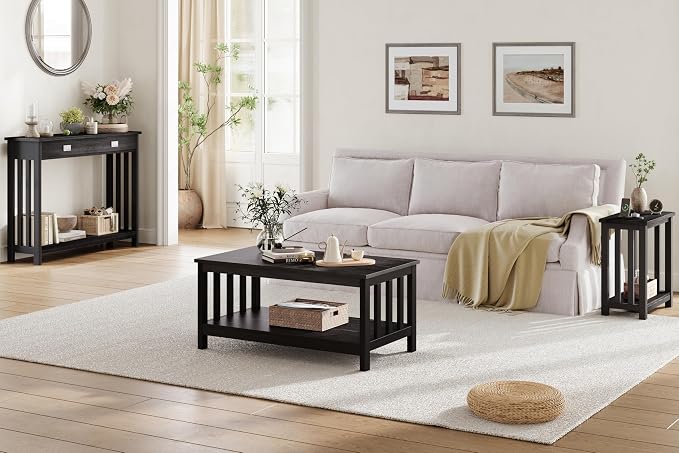 ChooChoo Mission Coffee Table, Black Wood Living Room Table with Shelf, 47 inch