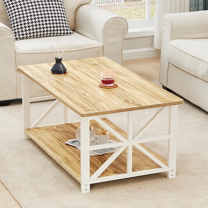 GreenForest Coffee Table with Round Corner, Farmhouse Center Table with 2-Tier Storage Shelf X-Frame Design for Living Room, 39 inch Oak