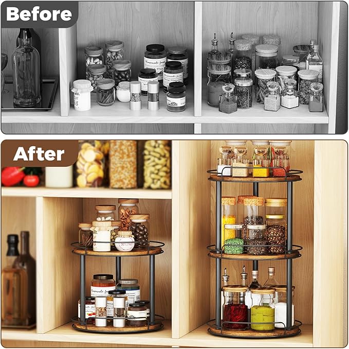 LAMU 10'' Wood Lazy Susan Turntable Organizer for Cabinet, 3 Tier Lazy Susan Spice Rack Organizer for Kitchen, Wood Turntable for Table Top, Countertop, Pantry, Bathroom