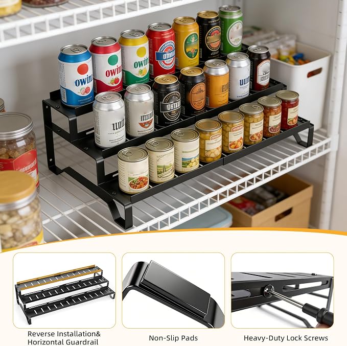 Attelite 3 Tier Expandable Can Rack Organizer for Pantry, Adjustable 13"-21" Metal Soda Can Organizer, Pantry Organization Canned Food Storage Holder for Kitchen Cabinet Countertop, Black 1Pack