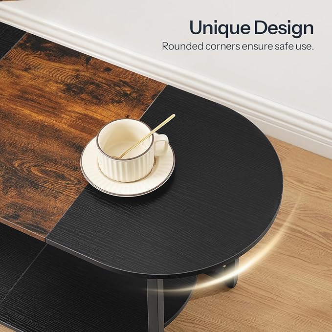 HOOBRO Coffee Table for Living Room, Oval Small Coffee Table with 2-Tier Open Storage Shelf, Industrial Cocktail Tea Table, Wooden Desktop Center Table, Home Office, Rustic Brown and Black BFK09KF01