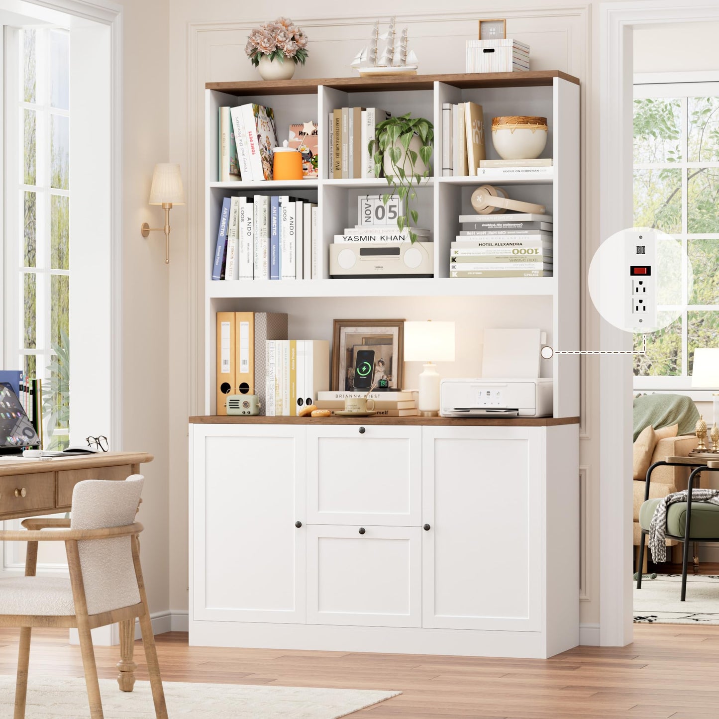 HIFIT 72'' Tall File Bookcase with Power Outlet & Printer Stand, 2 Drawer Filing Cabinets for Home Office Fit Hanging A4 File, Storage Cabinet w/ 3 Tier Open Book Shelf & Doors for Living Room, White
