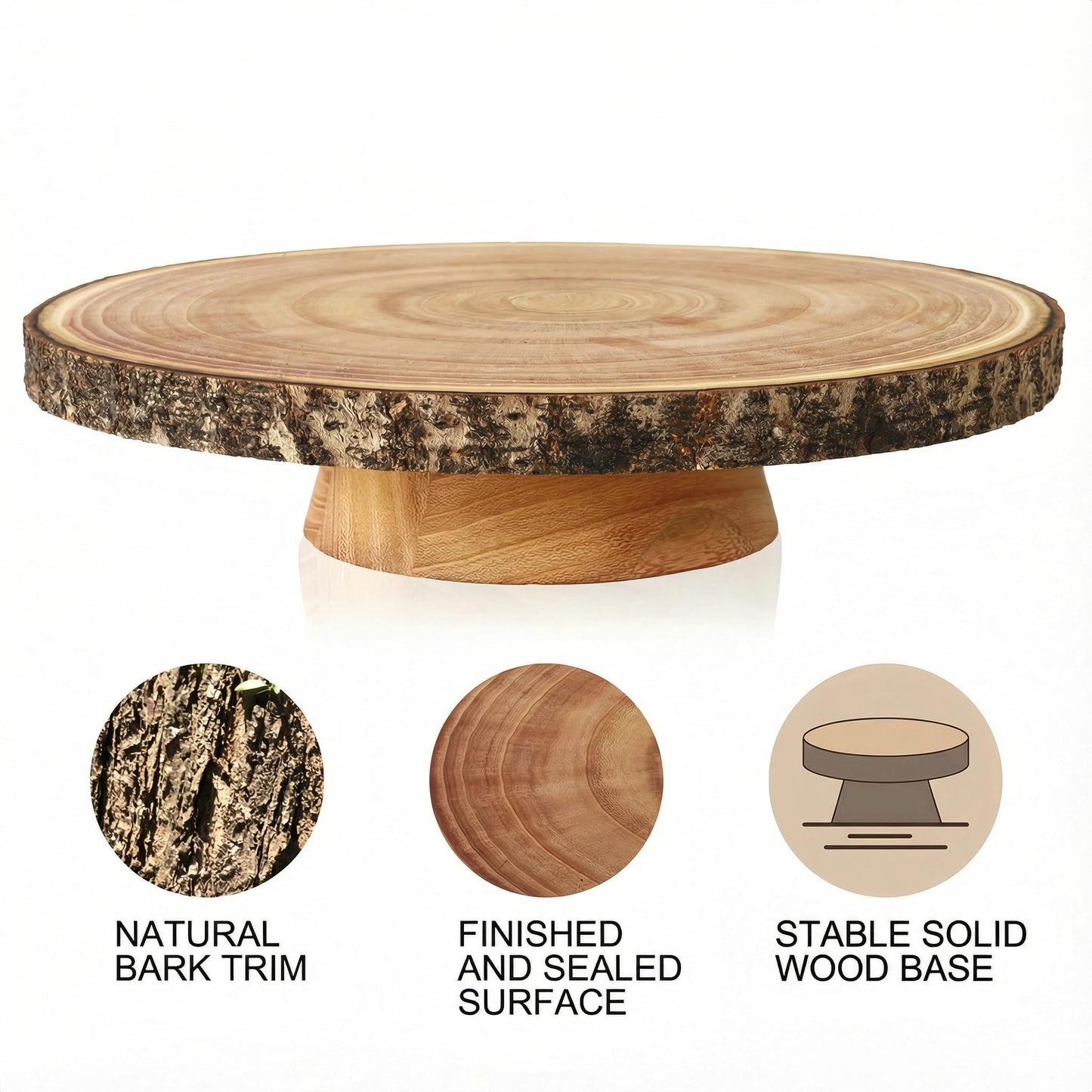 Relaxing Garden Customizable 12 Inch Rustic Wood Cake Stand Set with Bark Edge, Cake Knife & Server + Blank Wood Slice Topper — Cake Display for Weddings, Birthdays, Showers & Holiday Celebrations