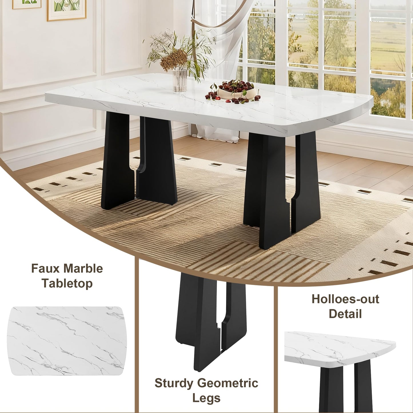 GDFStudio 6 Piece Faux Marble Dining Set with Bench, 63" Oval Kitchen Table with 4 Upholstered Tufted Chairs, Rubber Wood Legs, Modern Dining Room Furniture, Gray & White