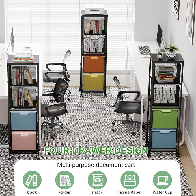Sbanmao 4 Drawers File Cabinet, Vertical Filing Cabinets, Rolling File Cart, Hanging File Folder Organizer with Wheels, Mobile Printer Stand Utility Craft Cart for Home Office,Black
