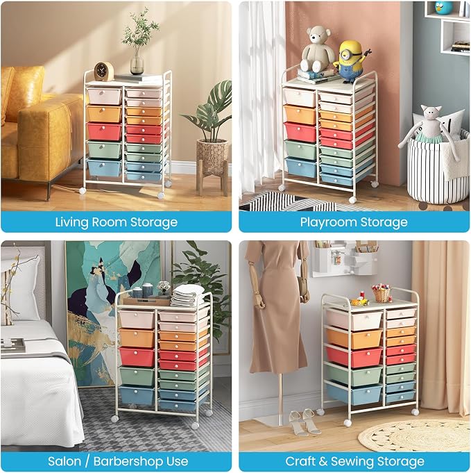 Giantex 15 Drawers Rolling Cart, Classroom Organizers, Storage Cart with Wheels, for Teacher Office Home School Supplies Tool Craft Art Paper