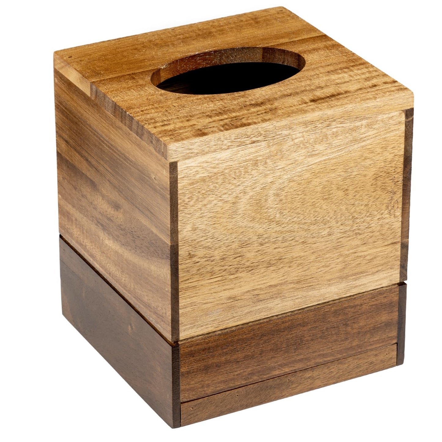 MyGift Premium Dual Tone Solid Acacia Wood Square Bathroom Facial Tissue Box Dispenser Holder Cover with Slide-Out Bottom Panel, 5.5 x 5.5 x 6.3 Inches