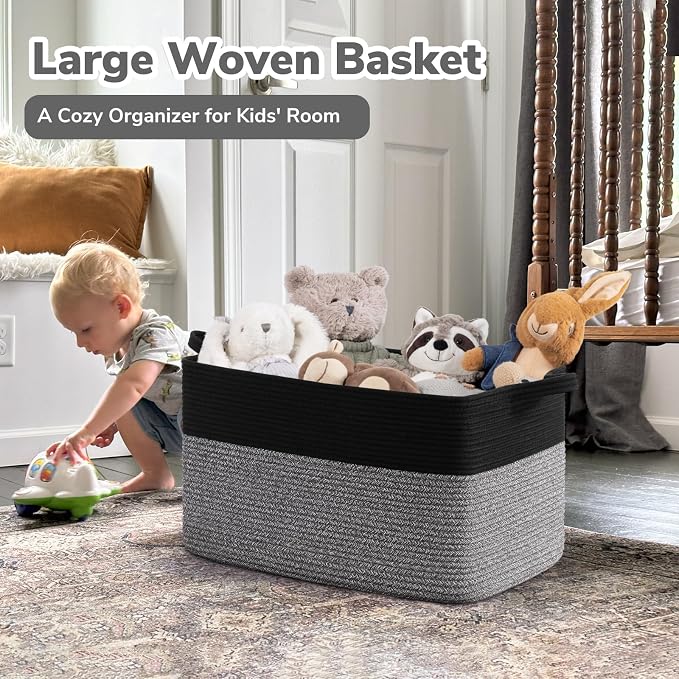 Goodpick Large Woven Blanket Basket 21.6" x 14.9" x 11.8" Storage Baskets for Organizing, Rectangle Baby Toy Bins for Kids Organizer Living Room Bedroom, Black & Gray