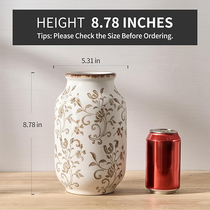 SIDUCAL Ceramic Vintage Vase, 8.78 Inch Chinoiserie Floral Vase, Retro Ice Cracked Rustic Farmhouse Vases for Home Decor, Living Room, Bookshelf, Office, Tuscan Decor, Brown Floral Pattern