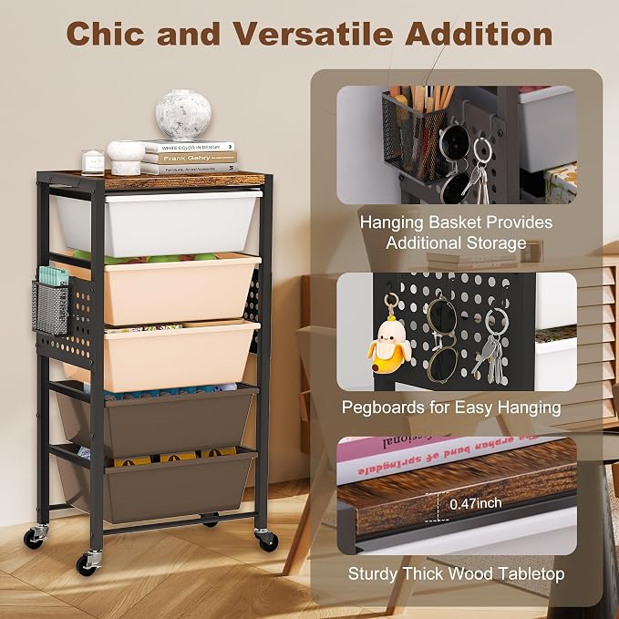 Rolling Cart with Drawers, Rolling Storage Cart with Large Plastic Drawers & Wooden Tabletop, Utility Cart with Pegboards & Basket, Storage Drawers Cart for Living Room, Classroom, Bedroom, Office