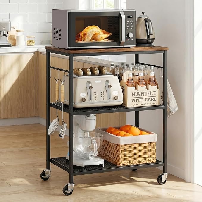 Homleke 3-Tier Rolling Kitchen Microwave Cart, Kitchen Utility Cart on Lockable Wheels, Coffee Bar Table Station with 6 S-Shaped Hooks, Small Appliance Storage Shelf, Rustic Brown and Black