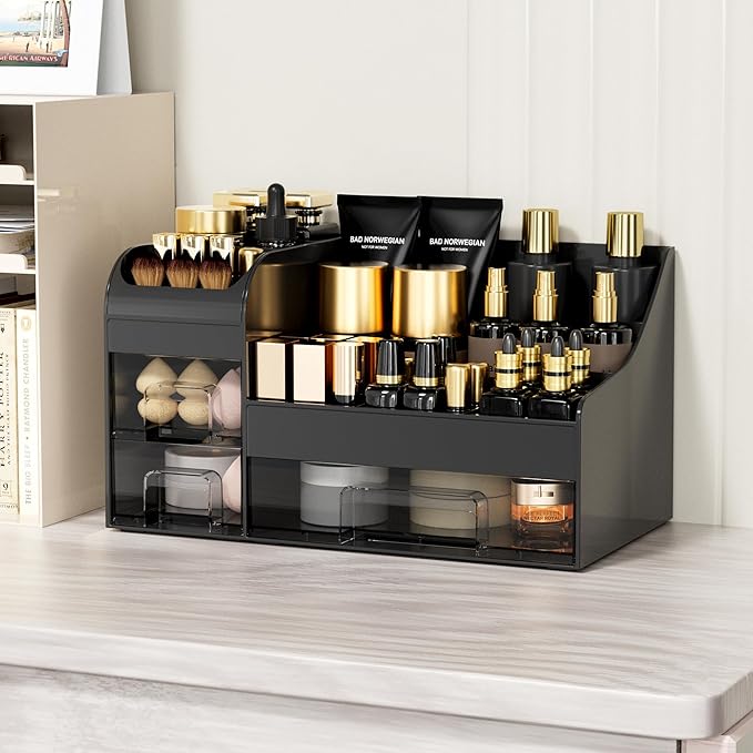 Large Makeup Organizer for Vanity,Countertop Organizer with Drawers and Brush Holder,Men’s Cologne Organizer for Bathroom,Cosmetic Skin Storage for Lipsticks,Nail Polish & Shaving Lotion,Black