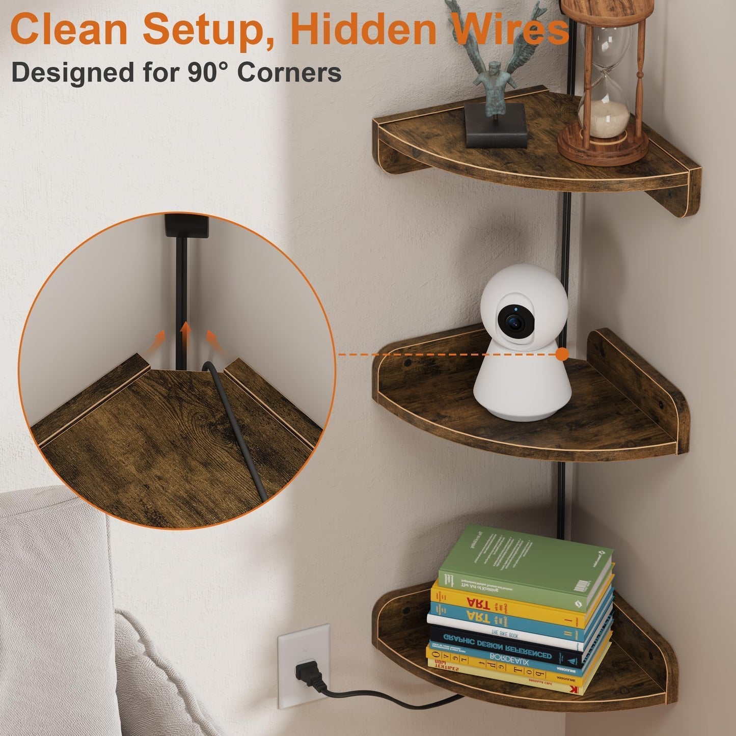 YAOHUOO Corner Shelf Wall Mounted with Light, Set of 3 Corner Floating Shelves with Cord Hole for Cable Box, Round End Wall Mounted Floating Shelf for Bedroom, Living Room and Kitchen, Rustic Brown