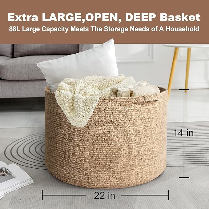 MEGASKET Large Wicker Storage Basket, 22” X 22” X 14” Woven Cotton Rope Basket, Kids Dog Toy Bin Organizer, Blanket Pillow Holder for Living Room, Brown Variegated Wicker Baskets for Organizing