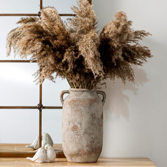 Large Flower Vase Home Decor - Tall Ceramic Farmhouse Rustic Table Vases with Handle Living Room Decoration Decorative Modern Vintage for Floor Kitchen Shelf Coffee Dining Desk Fireplace (12" Retro)