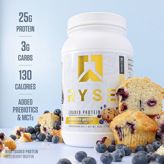 RYSE Loaded Protein Powder - Blueberry Muffin - 25g Whey Protein Isolate & Concentrate with Prebiotic Fiber & MCTs - Low Carb, Low Sugar, Digestive-Friendly - 20 Servings / 1.5 lb Tub