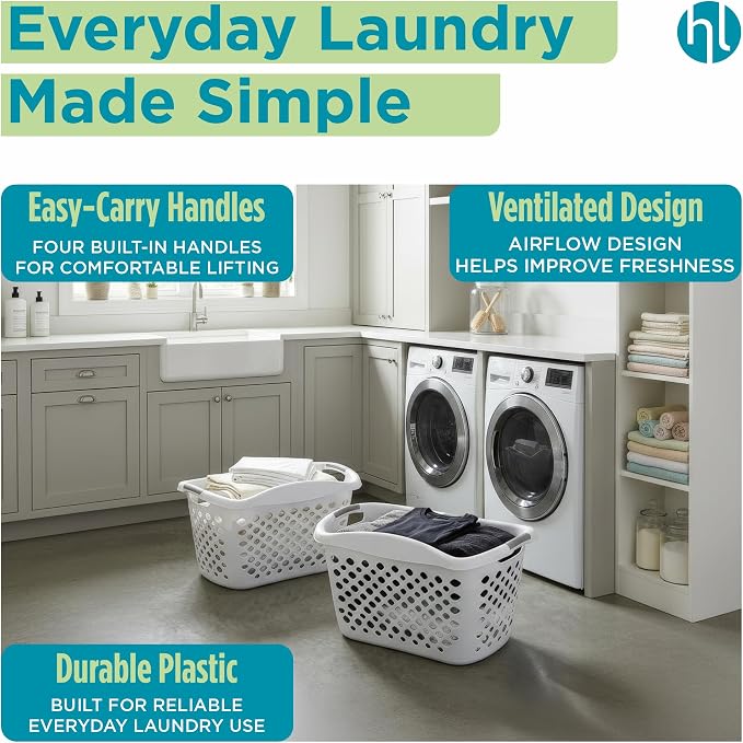 Home Logic 1.75 Bushel Plastic Laundry Basket with Hip Grip, Large Laundry Hamper with Handles, Ventilated Clothes Organizer for Bedroom Bathroom Closet, 2 Pack, White