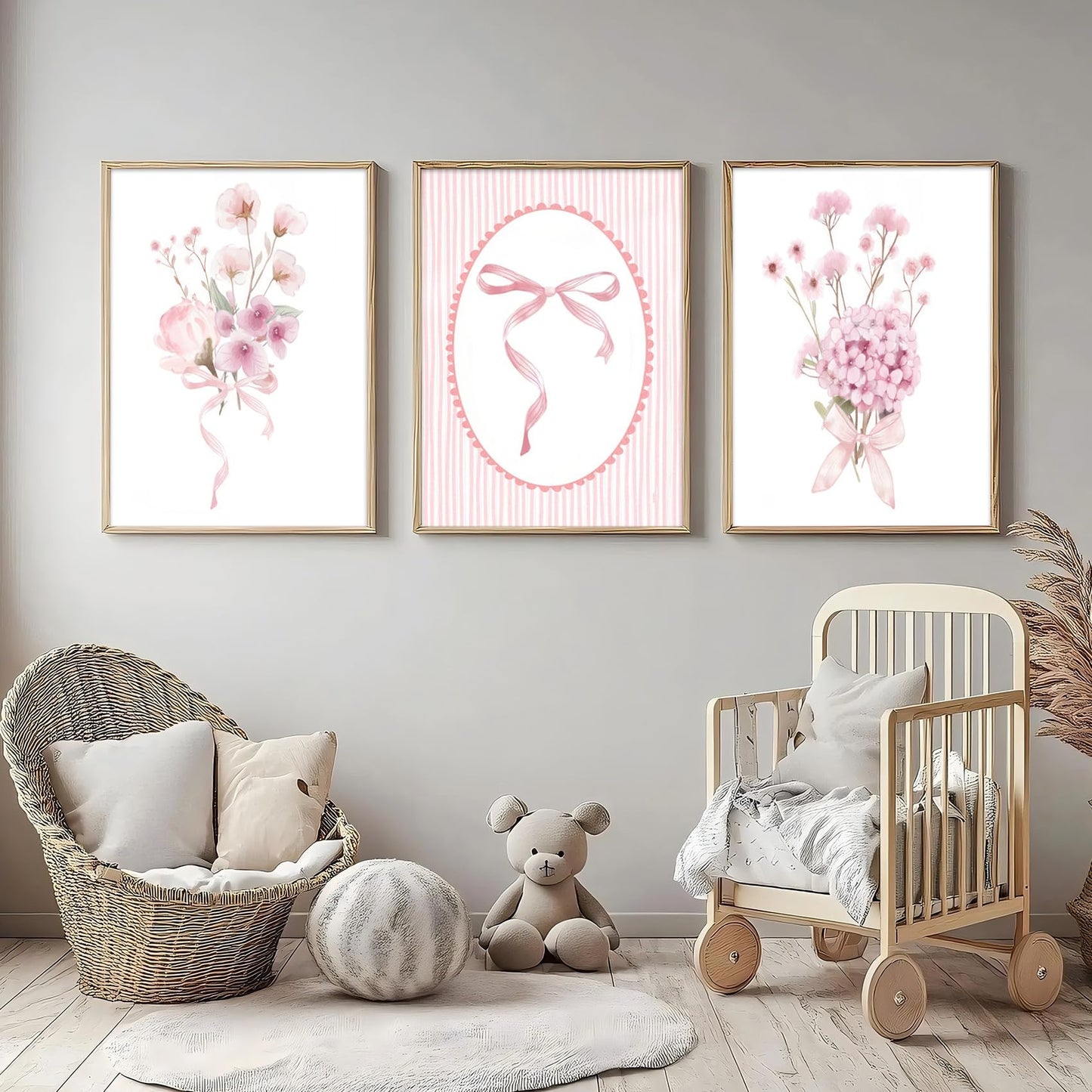 3Pcs Pink Nursery Flower Wall Art Floral Bow Wall Decor Cute Botanical Flower Pictures Coquette Aesthetic Poster Prints Girly Preppy Painting for Girls Bedroom Dorm Apartment Home 12x16 Unframed